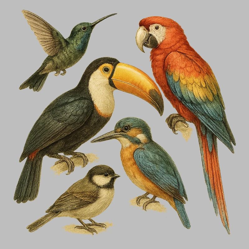 Farbenfrohe Illustration exotischer Vögel