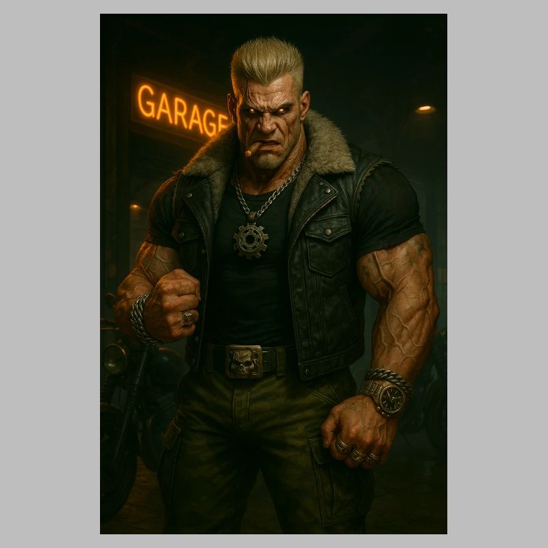 Biker Mécanique – Guerrier Blond au Regard de Feu