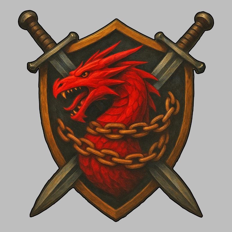 Roter Drache auf Schild mit Ketten