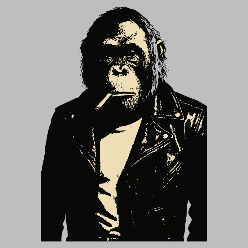 Orang-Utan raucht eine Zigarette in einer Lederjacke