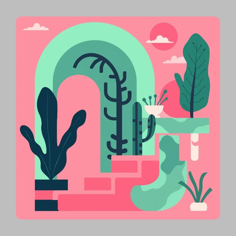 Paysage de jardin abstrait dans le style rétro rose