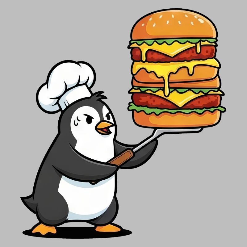 Süßer Pinguin schwitzt mit Hamburger BBQ Grillen