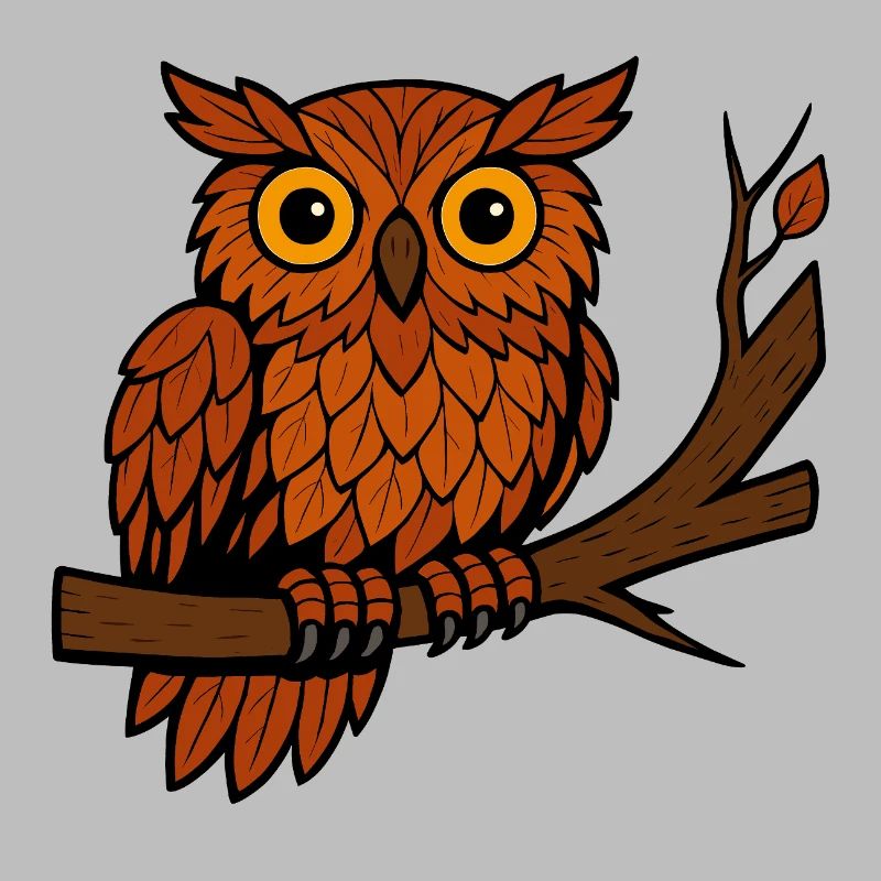 Comic Owl Autumn Forest Foliage Leaves Branch Tree Feather