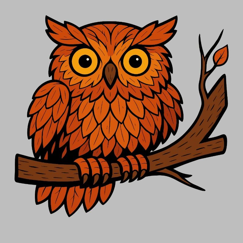 Comic Eule Herbst Wald Laub Blätter Ast Baum Feder