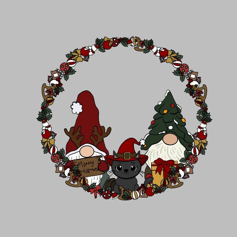 Wichtel mit Katze  im Weihnachtskranz