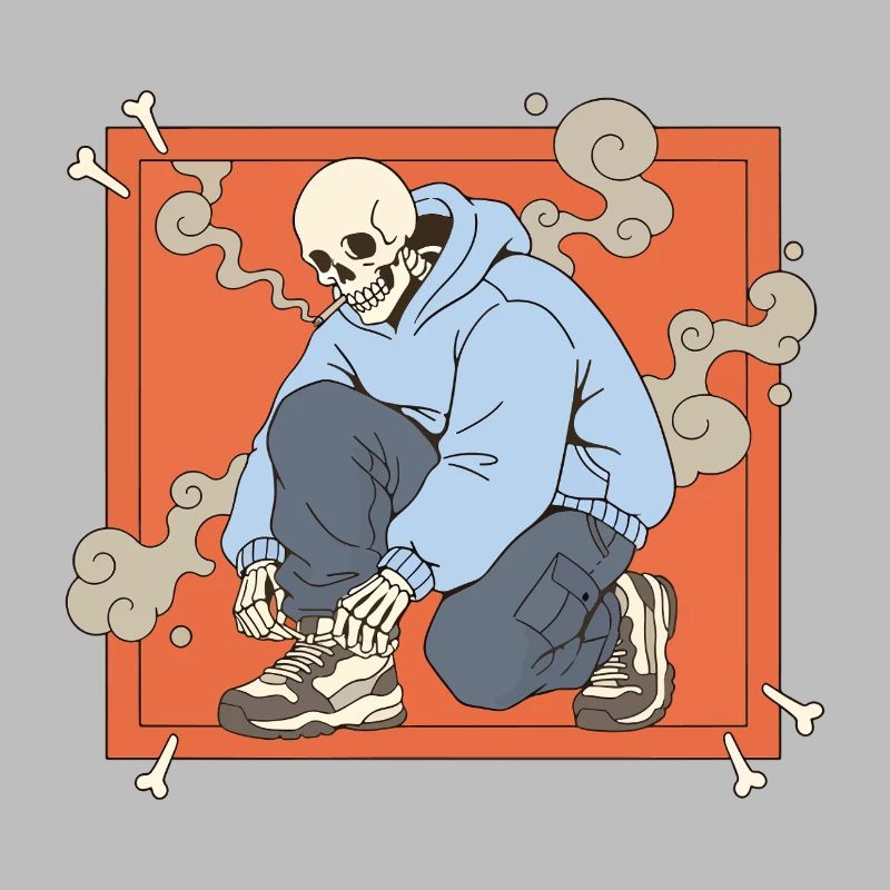 Skelett im Kapuzenpullover auf orangefarbenem Rahmen
