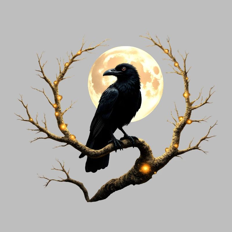 Night Crow Under Full Moon
