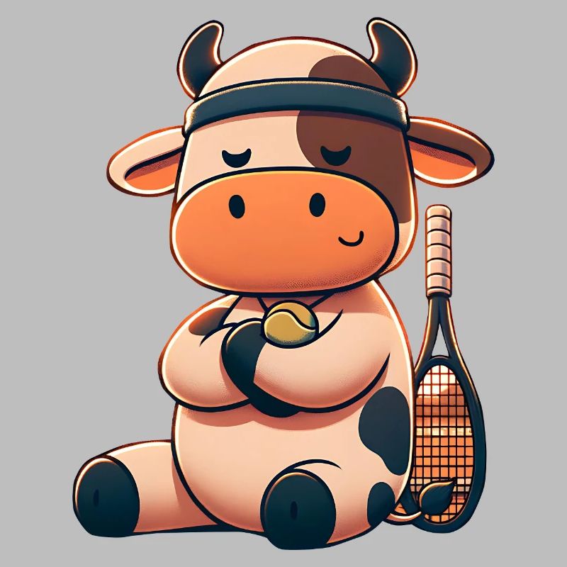 Cute tennis cow with racket and ball