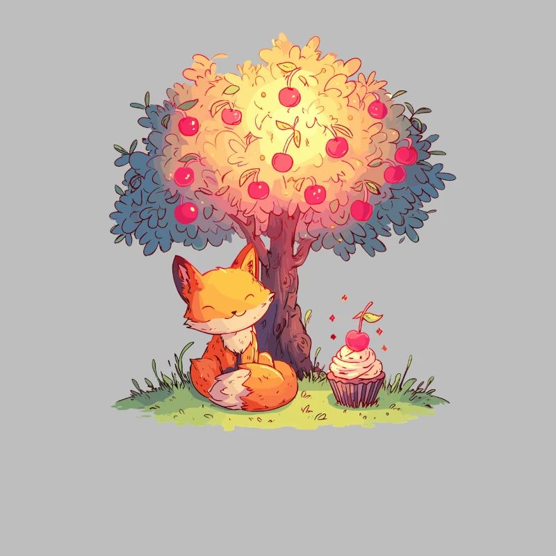 Fox on the apple tree with cupcake