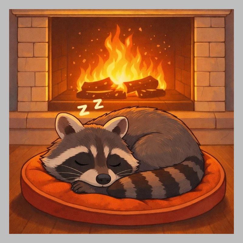 Cozy Raccoon by Fireplace