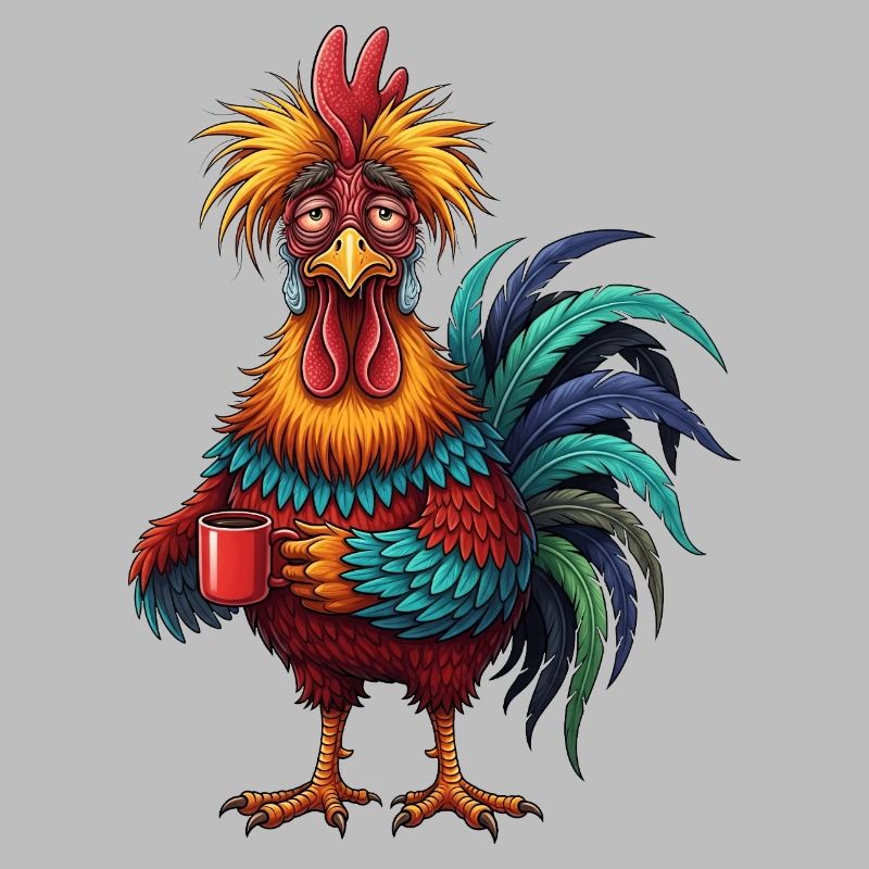 Vivid Rooster with Coffee Cup