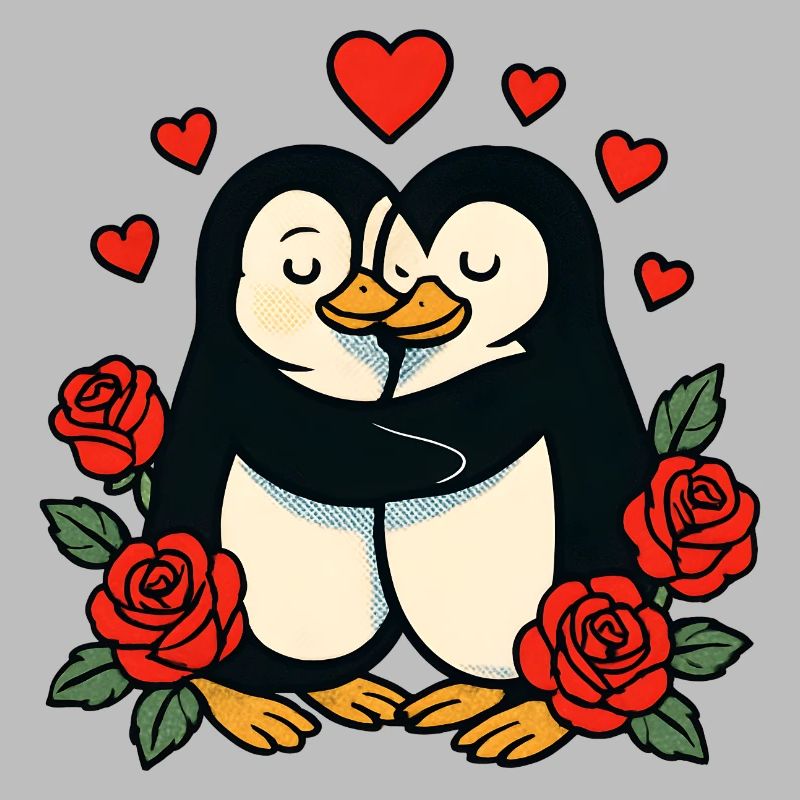 Cuddly penguins with a rose heart