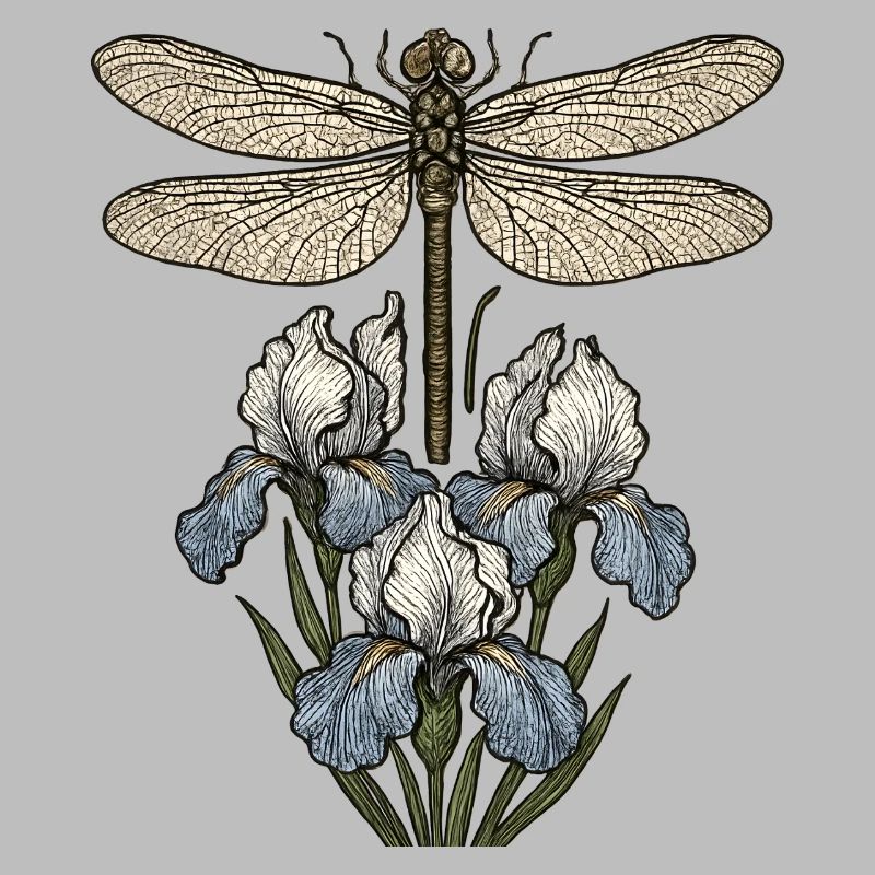 Libellule sur fleurs d’iris
