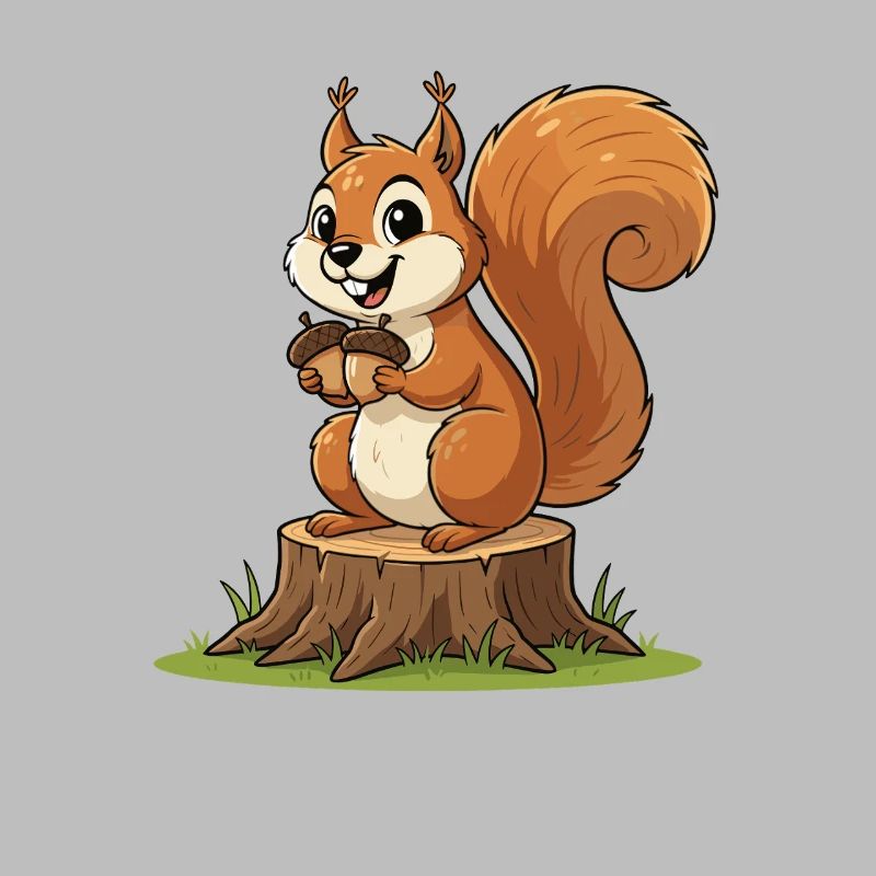 Eichhörnchen am Baumstumpf mit Eichel