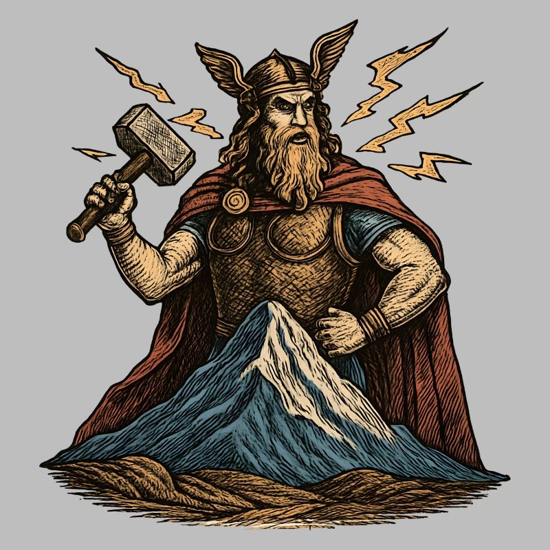 Thor with hammer over hilltop