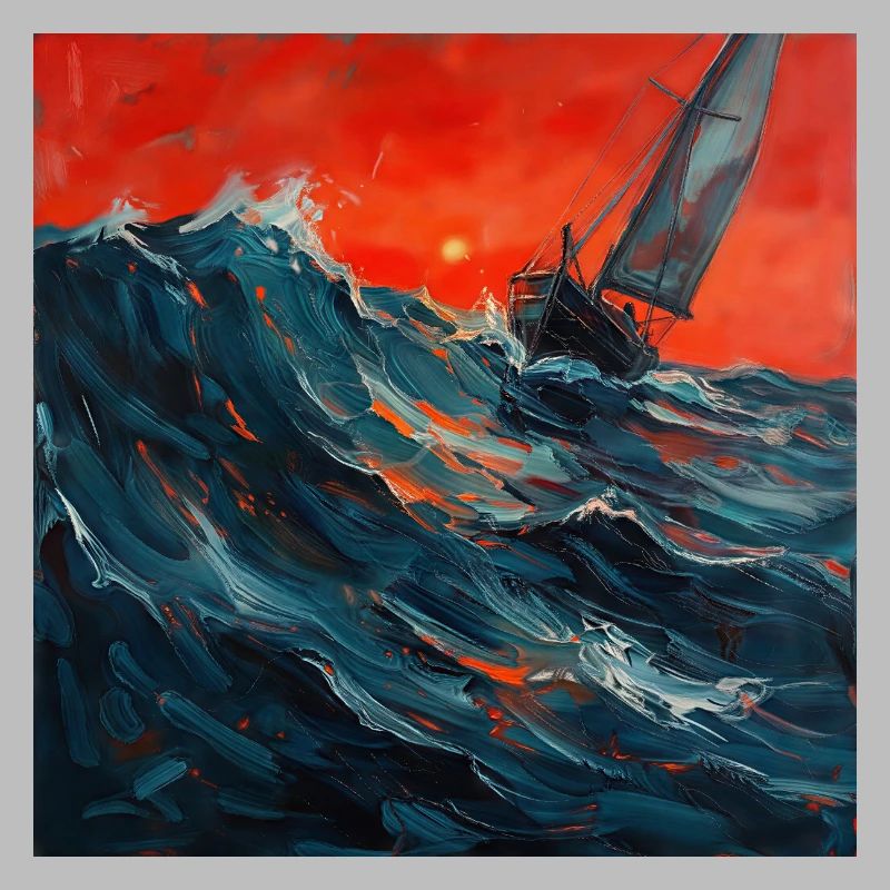 Rotes Abendlicht über Segelboot im Sturm