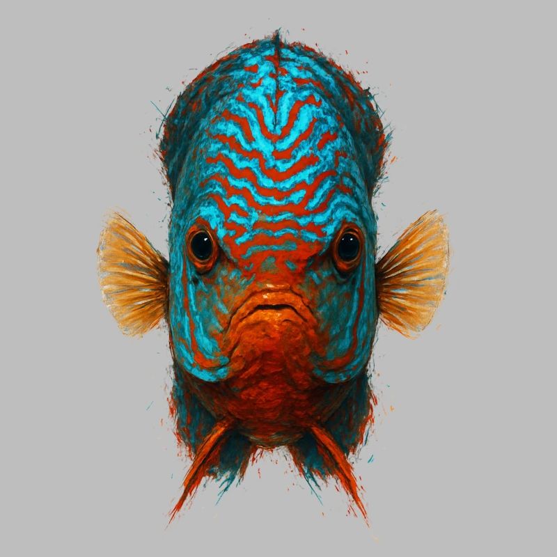 Blauer und oranger Diskusfisch mit intensiven Augen