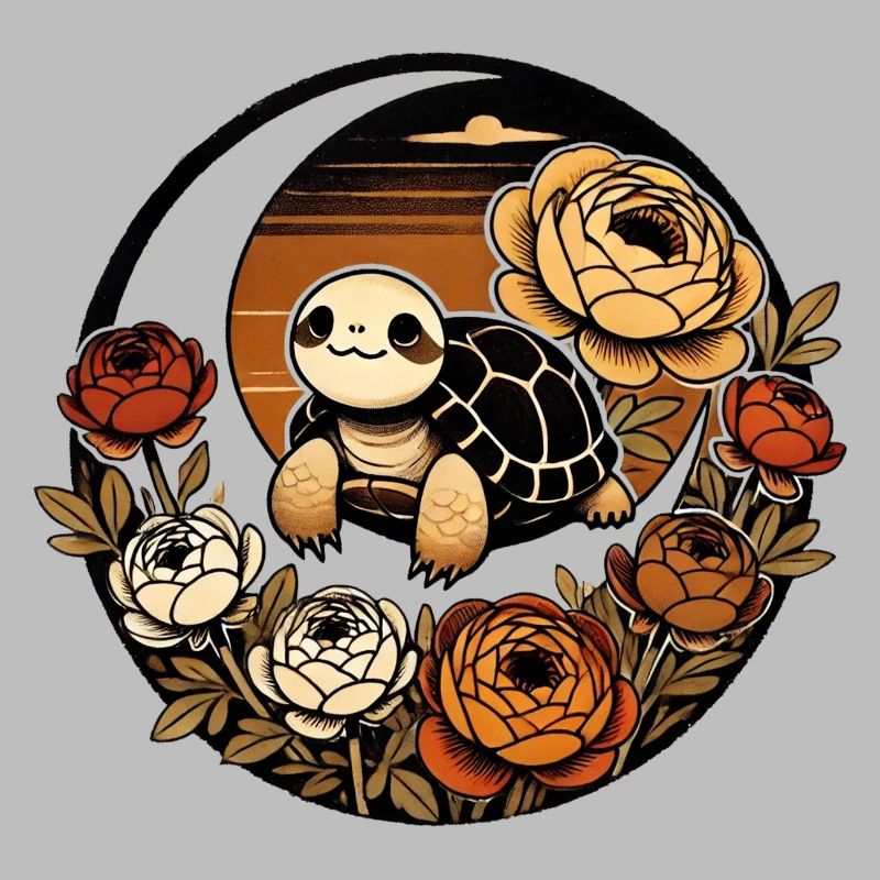 Sunset Turtle Among Peony Bloom