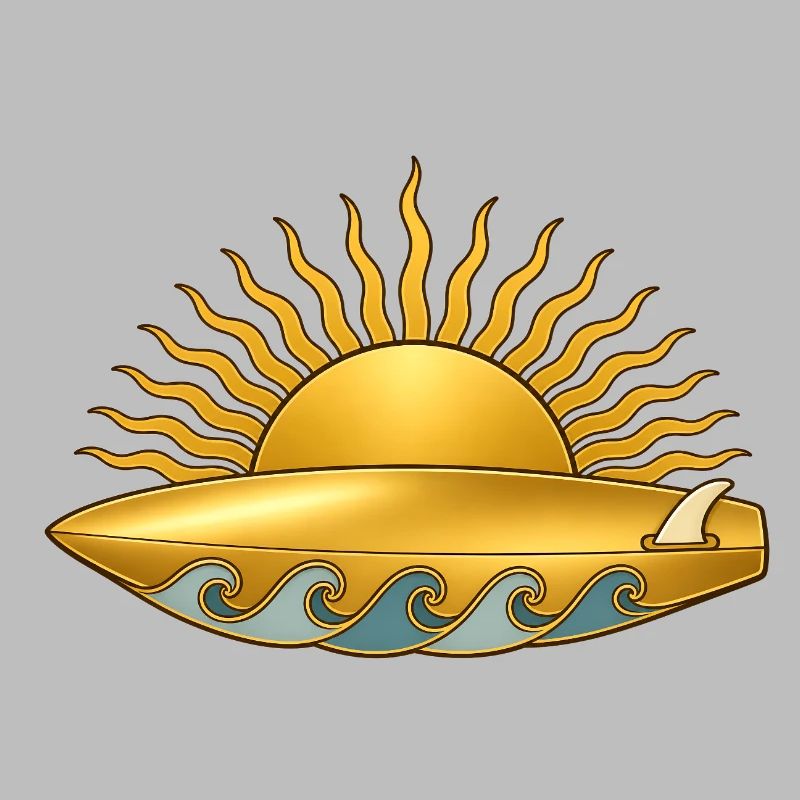 Soleil doré avec planche de surf et vagues de mer
