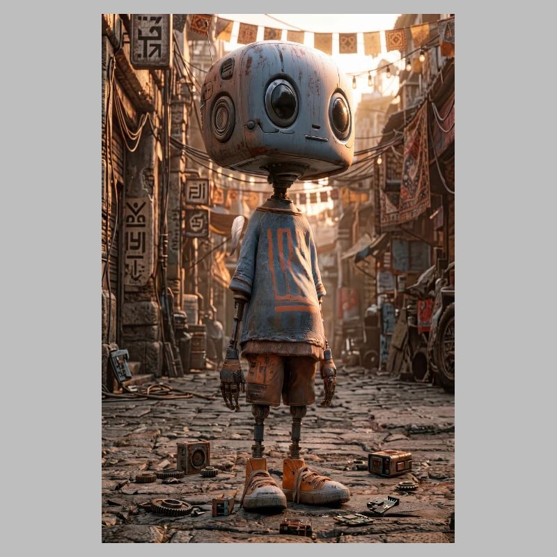 Rusty Robot in Neon Bazaar