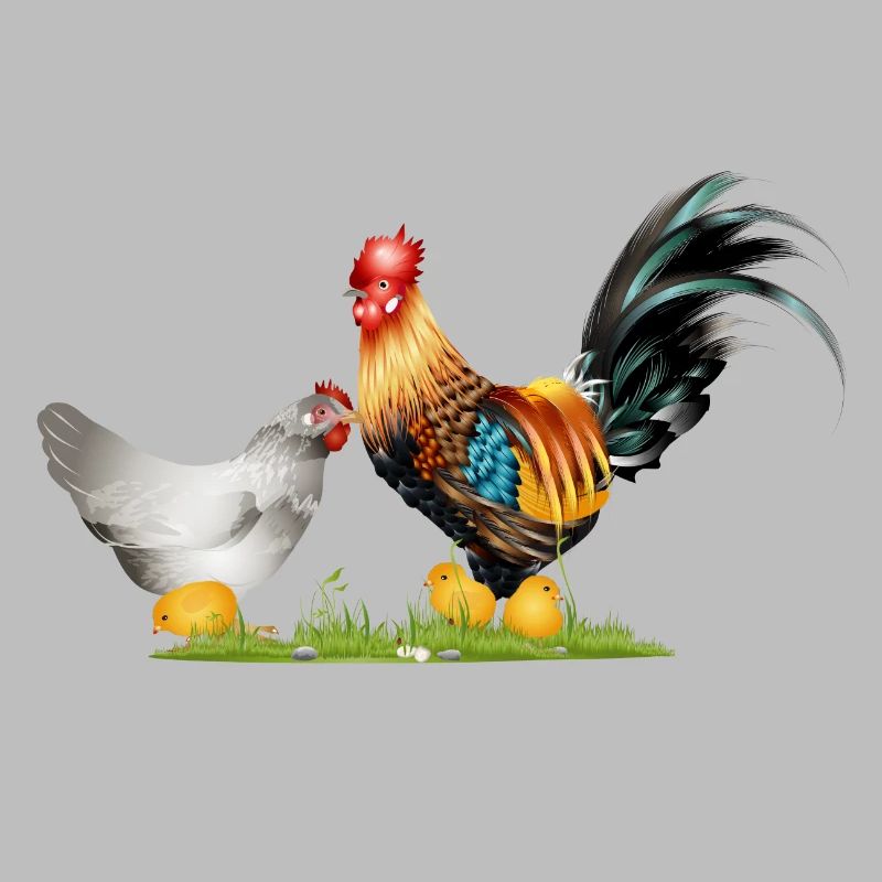 stately rooster with hen and chick offspring