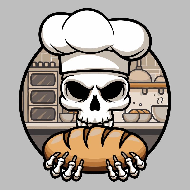 Funny Baker Skull with Bread. Old man bakes
