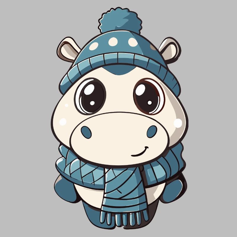 Hippopotame mignon avec écharpe et chapeau à pompon.