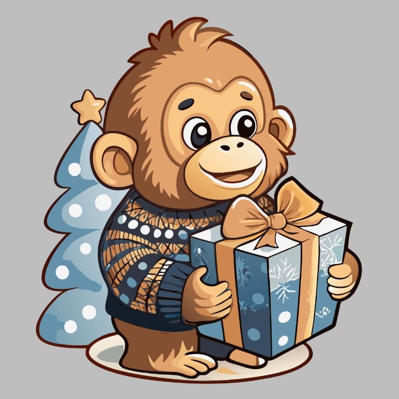 Cute orangutan unwrapping gift