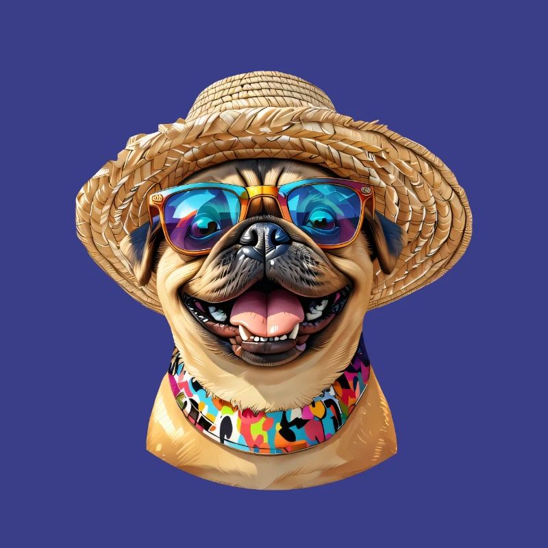 Cheerful Pug with Sunglasses & Straw Hat