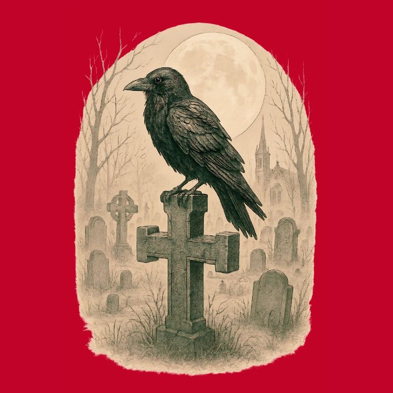 Moonlit Graveyard Raven Illustration