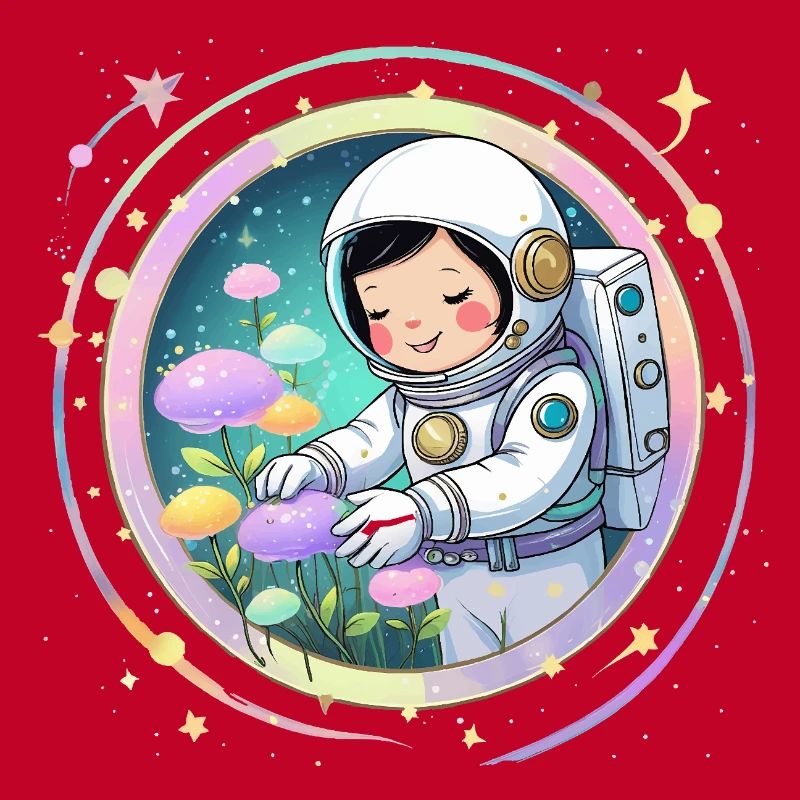 Fille astronaute avec des champignons - Conception spatiale mignonne