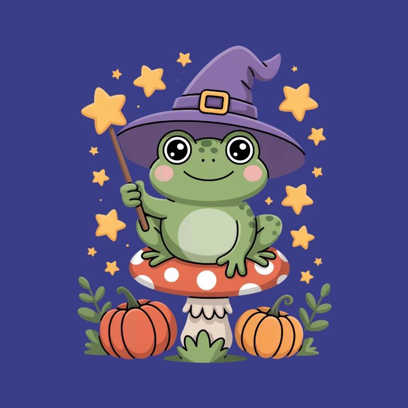 Cute witch frog on toadstool with magic wand