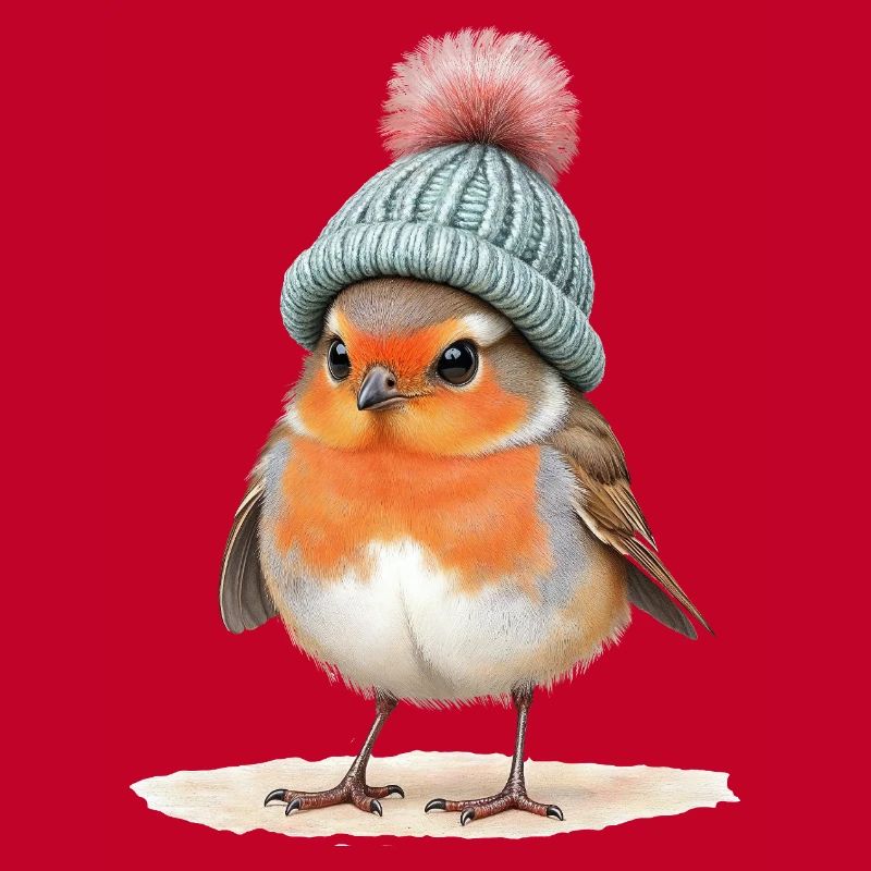 Robin in Strick-Wintermütze