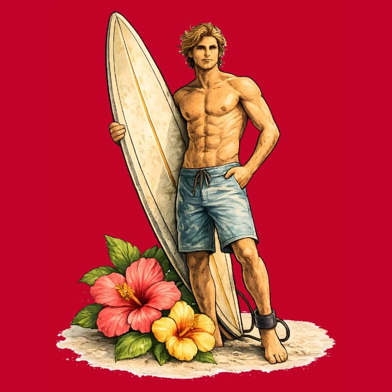 Surfeur avec planche sur une plage tropicale