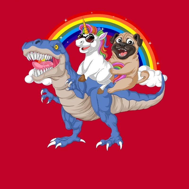 Regenbogen-Dinosaurier mit Einhorn und Mopsfahrt