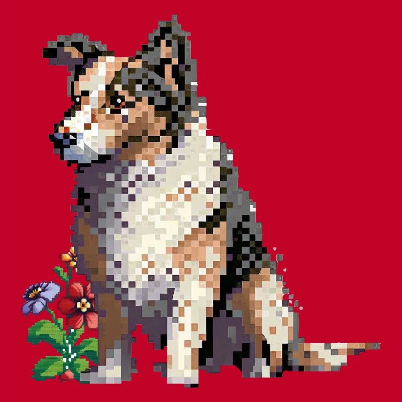 Pixel art chien avec des fleurs