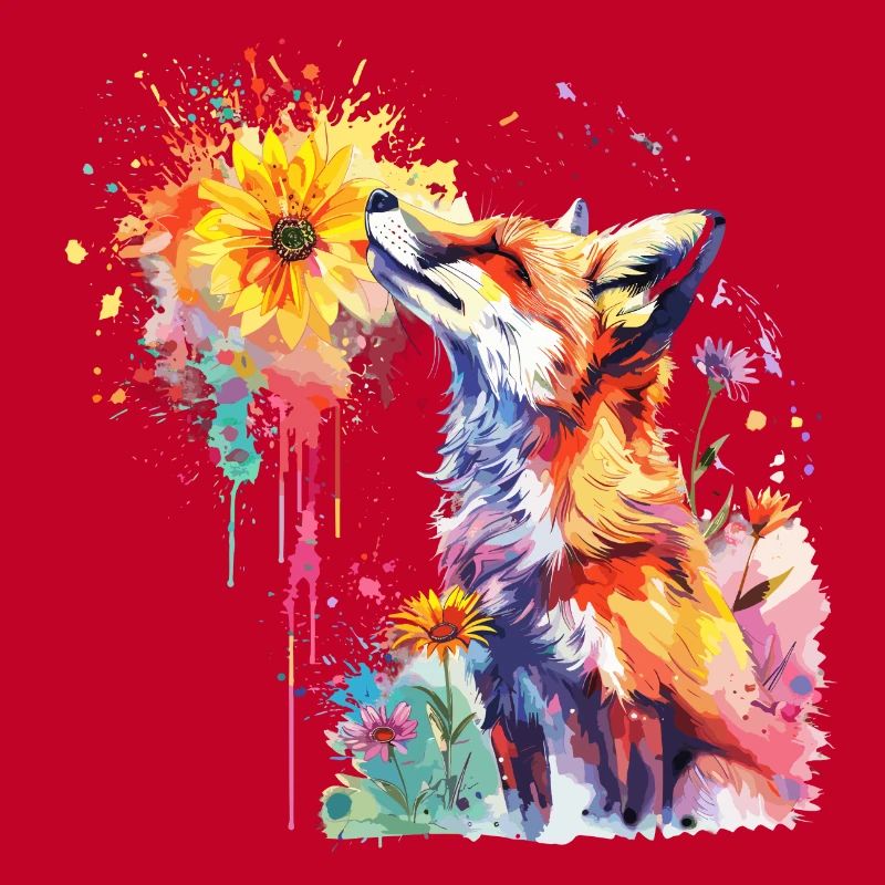 Renard avec fleur aquarelle, Fox