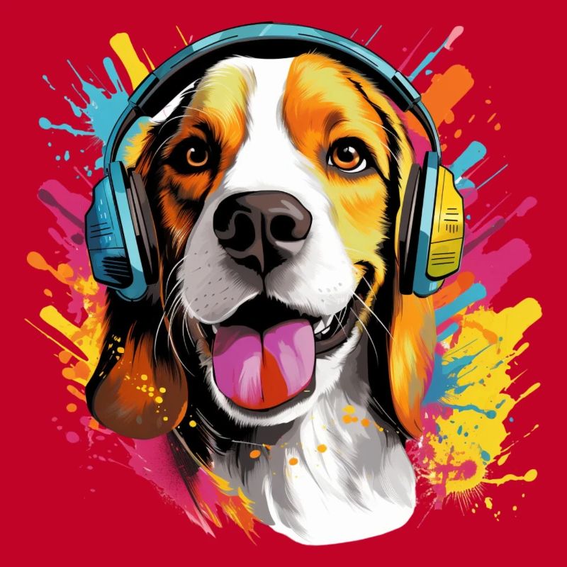 Bunter Beagle mit Kopfhörer Farbspritzer