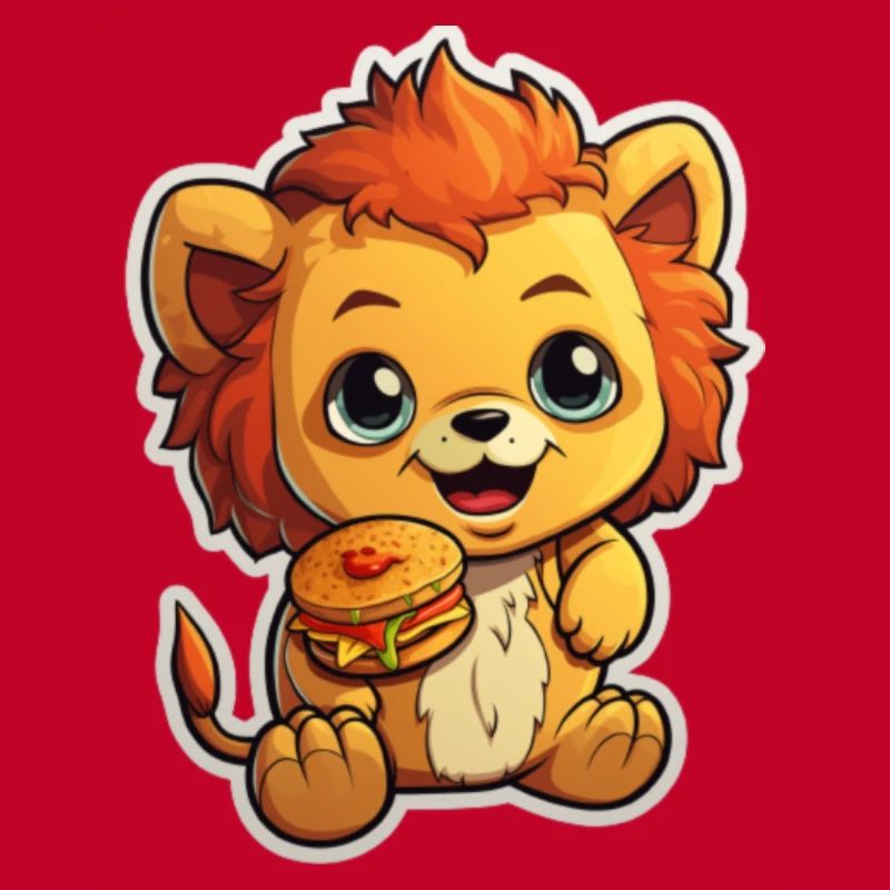 autocollant de dessin animé d’un lion mignon mangeant un hamburger