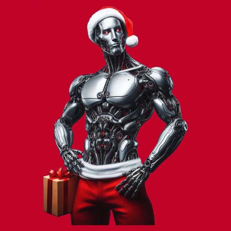 Cyber robot with Santa hat and gift