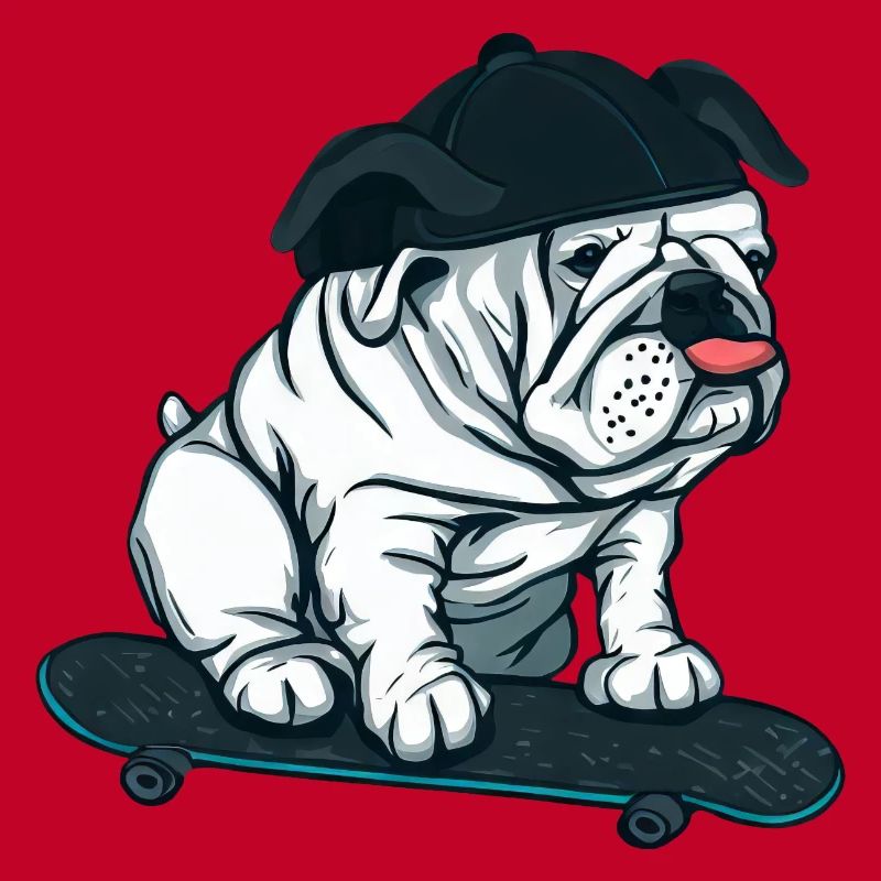 Mops auf Skateboard mit Basecap