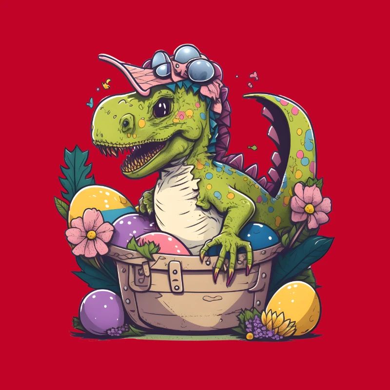 Dino in an Easter basket with Easter eggs