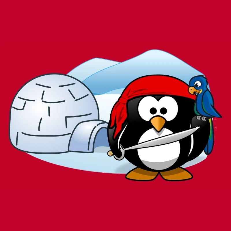Pirate Penguin avec l'épée, perroquet et igloo.