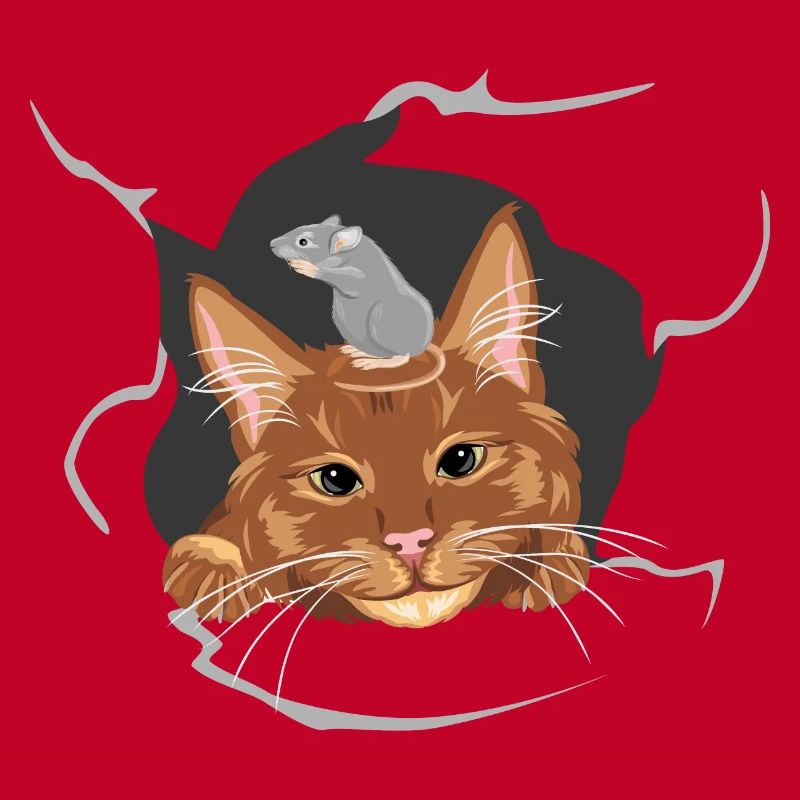 Cat and grey mouse peeks through a broken wall