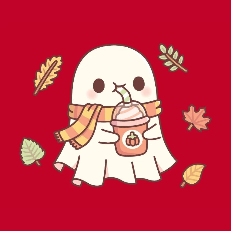 Cute Ghost Drinking Pumpkin Spice Latte Autumn