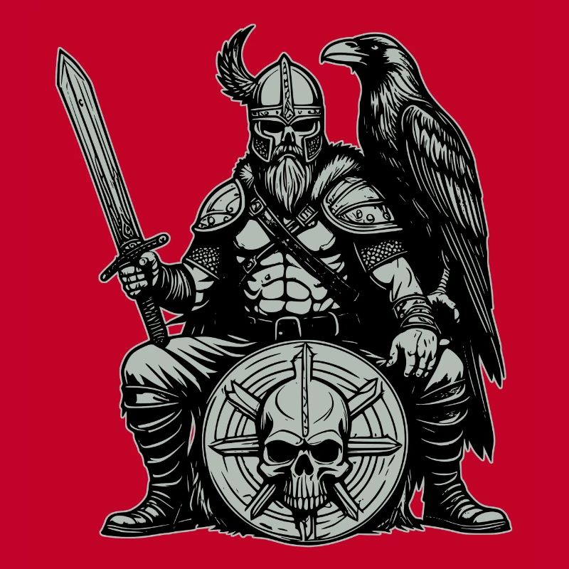 Viking avec épée, bouclier et corbeau