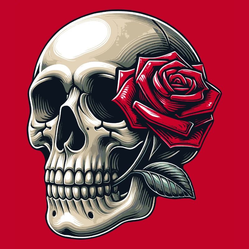 Skull with rose between the teeth