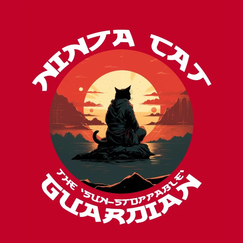Chat noir ninja devant le soleil rouge