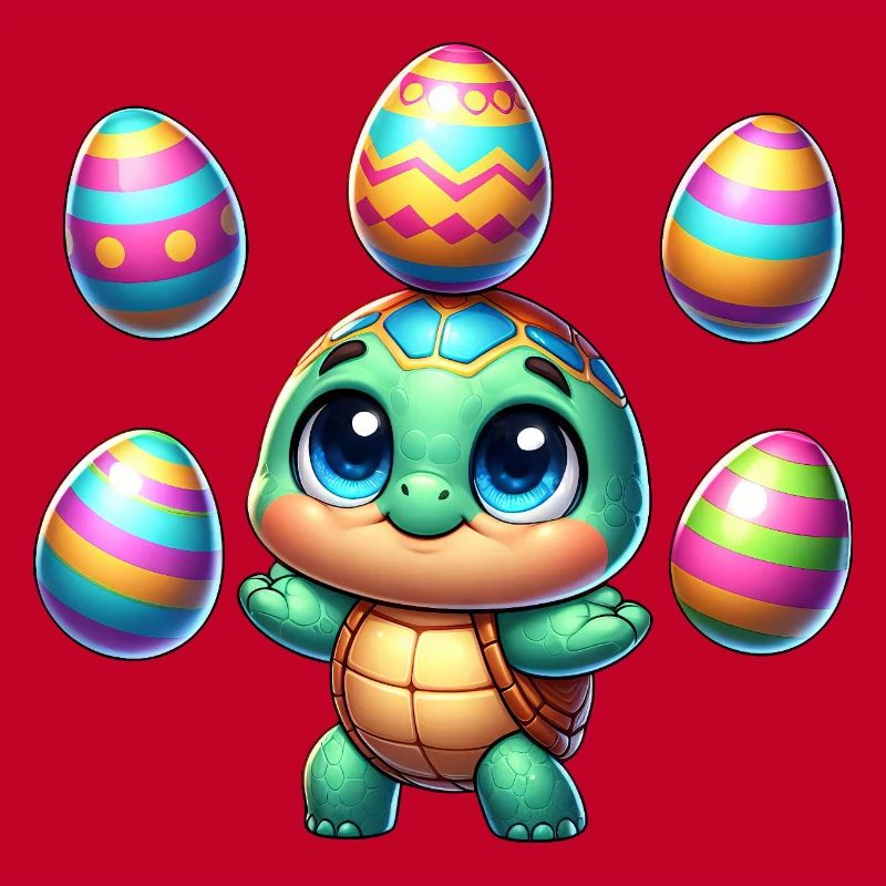 Turtle juggles colorful Easter eggs
