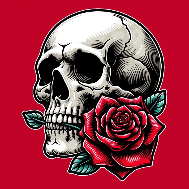 Skull with rose between the teeth